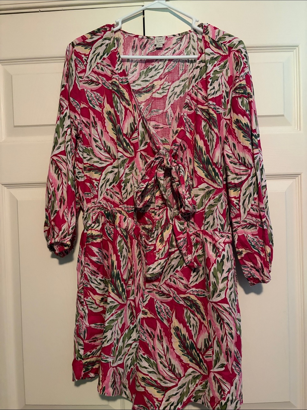 Loft Beach Romper Tie-Front Pink Leaf Print